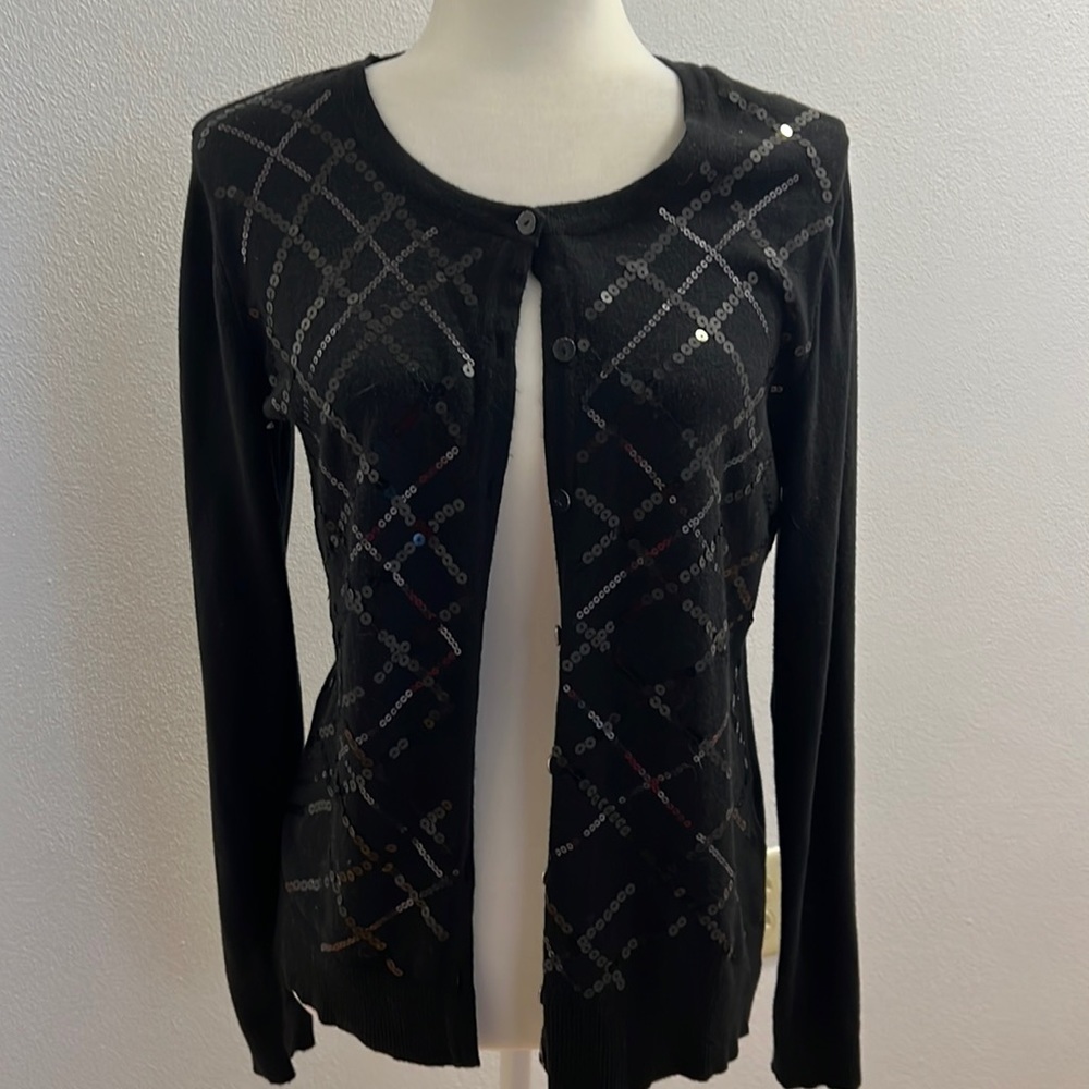New York & Company Black Sequin Cardigan Long Sleeve Sweater size L
